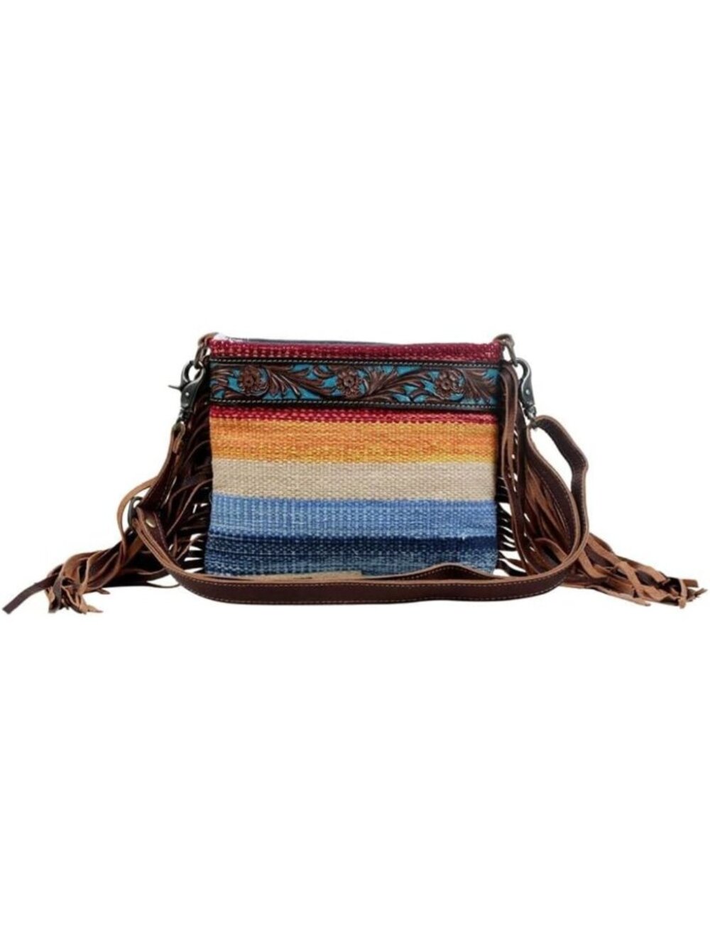 Hand-Tooled Etched Rainbow Bag | Upcycled Cotton & Leather | Unique Artisan